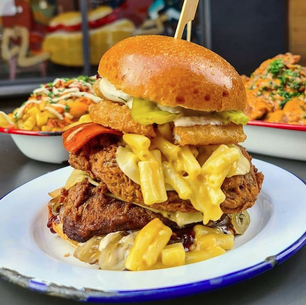 V Rev Manchester vegan burger with mac n' cheese