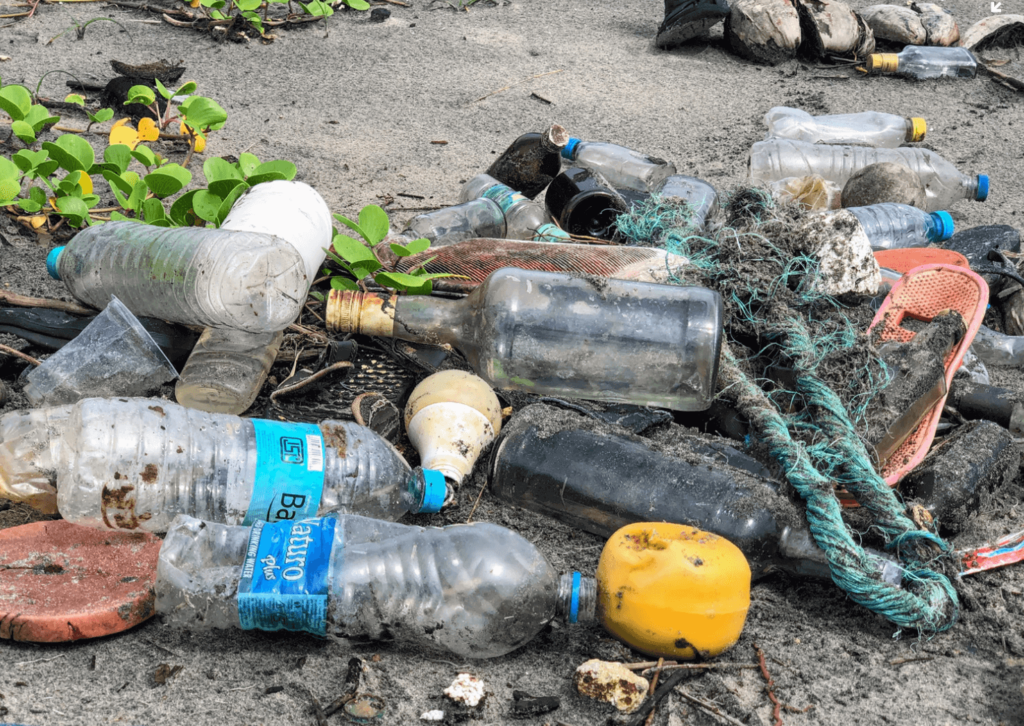 plastic bottles, glass bottles and other plastic rubbish littered on a beach.