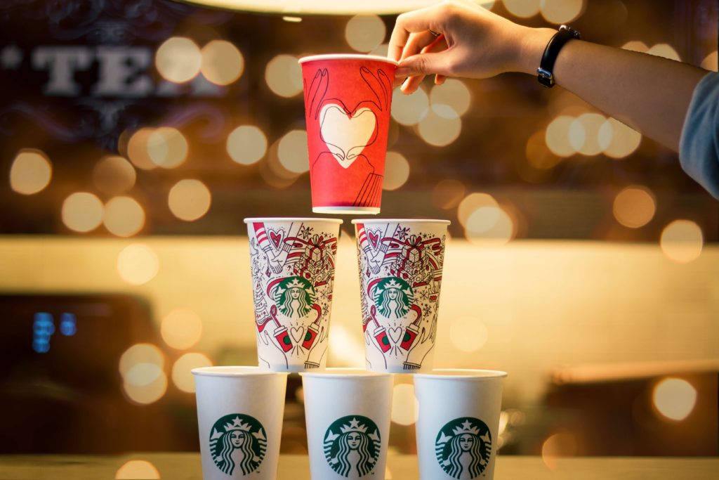 Starbucks cups stacked