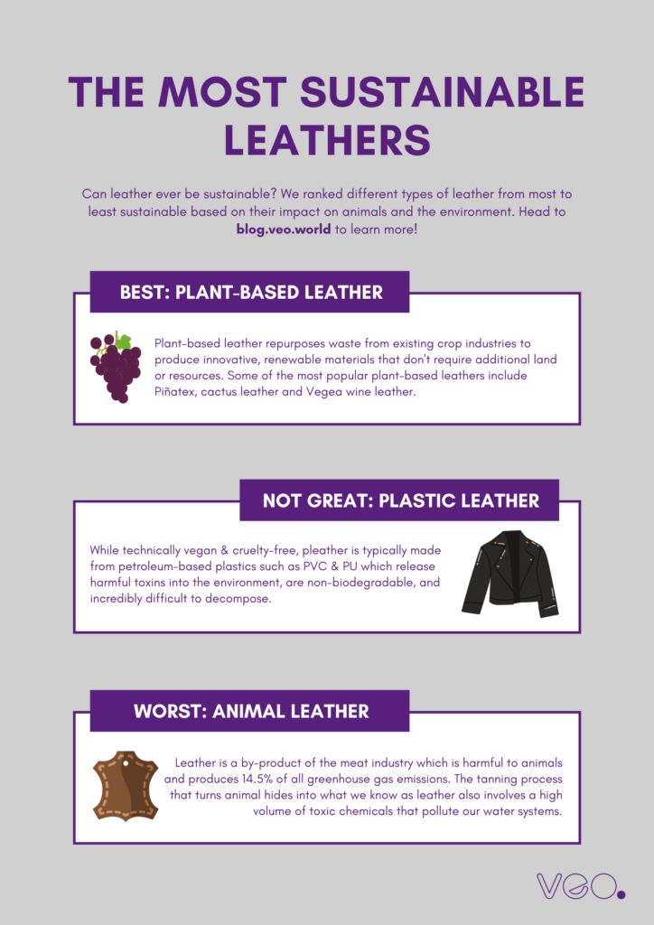 Can leather ever be sustainable? We ranked different types of leather from most to least sustainable based on their impact on animals and the environment. Best: plant-based leather, Not Great: plastic leather, Worst: animal leather