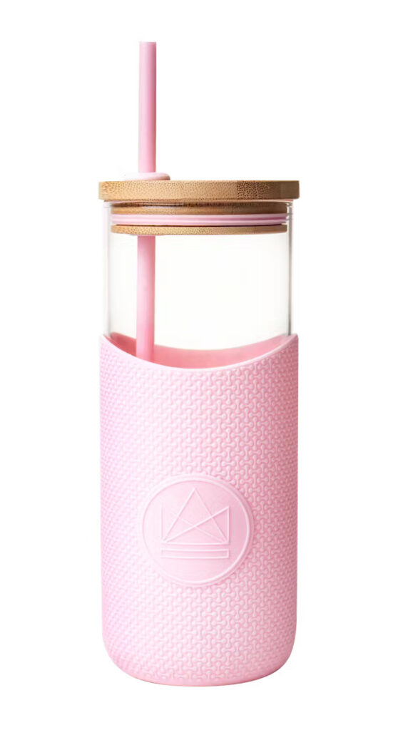 Pink water bottle with straw