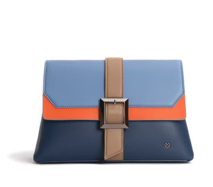 Blue and orange clutch bag