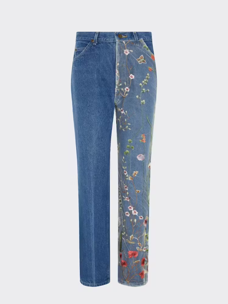 Blue jeans with embroided flowers
