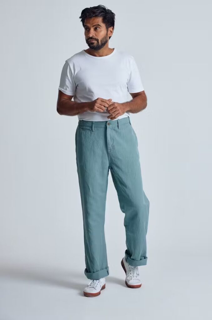 Model wearing white t shirt and blue chinos