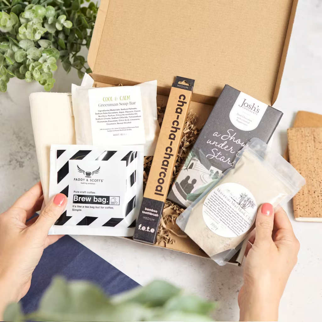 Vegan letterbox gifts - a selection of vegan men's essentials inside a letterbox sized gift box