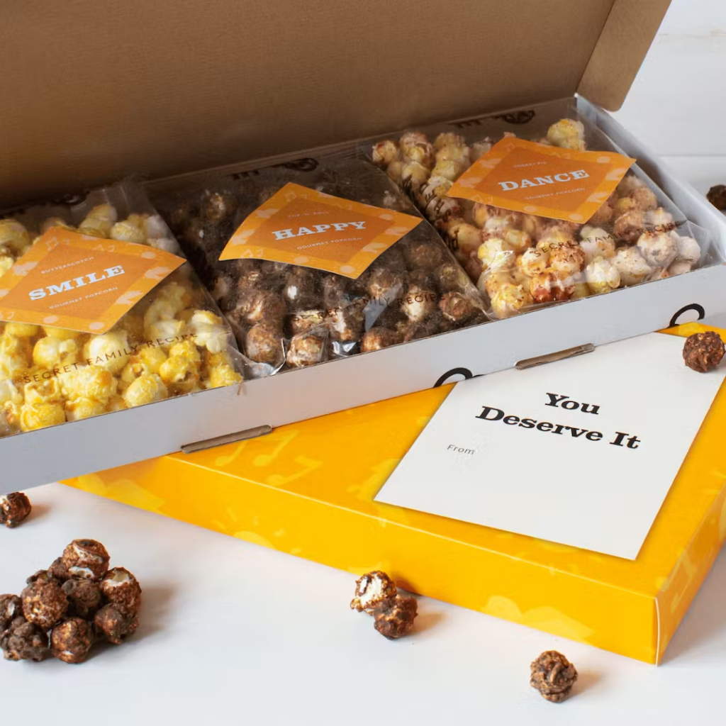 Vegan letterbox gifts - 3 bags of gourmet vegan popcorn in a letterbox sized gift box